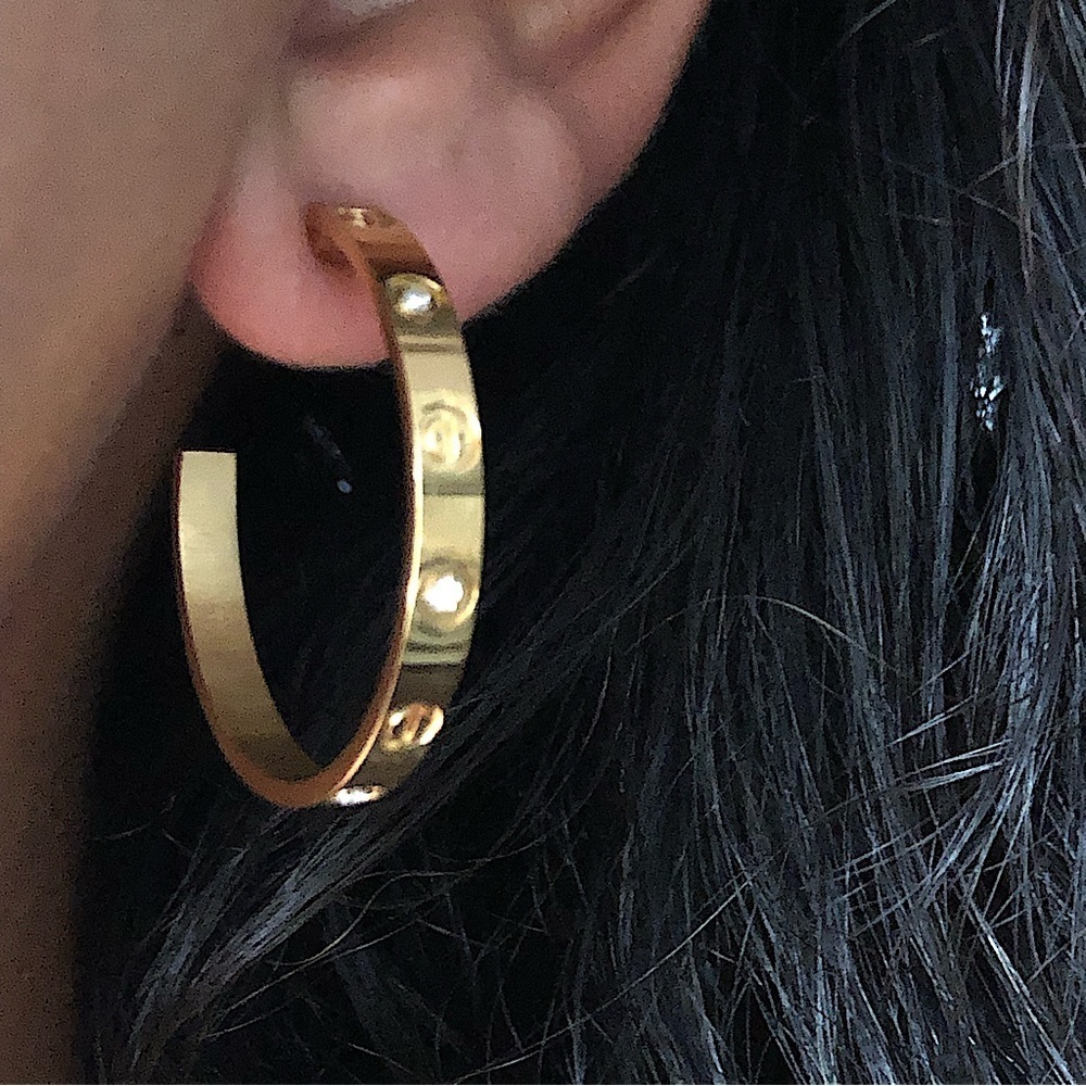 Gold Screw Earrings Zirconia Hoops - Picture 4 of 17